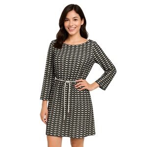 Sharagano Dress Womens 16 3/4 Sleeve‎ White Black Wavy Pattern Belted NEW